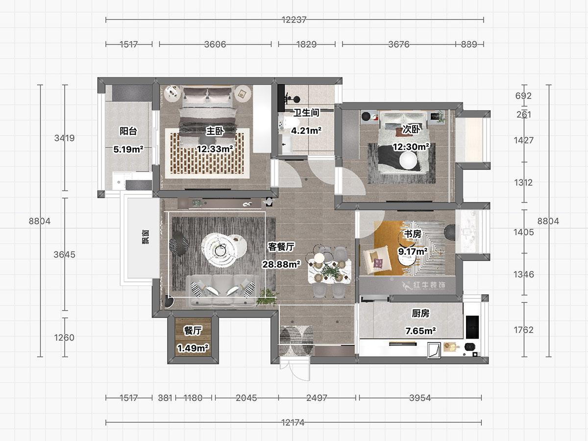 朱彥|恒山花苑1-3-703-106㎡-現(xiàn)代簡(jiǎn)約風(fēng)格|3室2廳1衛(wèi)|新房裝修|定制家|全包14萬(wàn)|00_03平面彩圖
