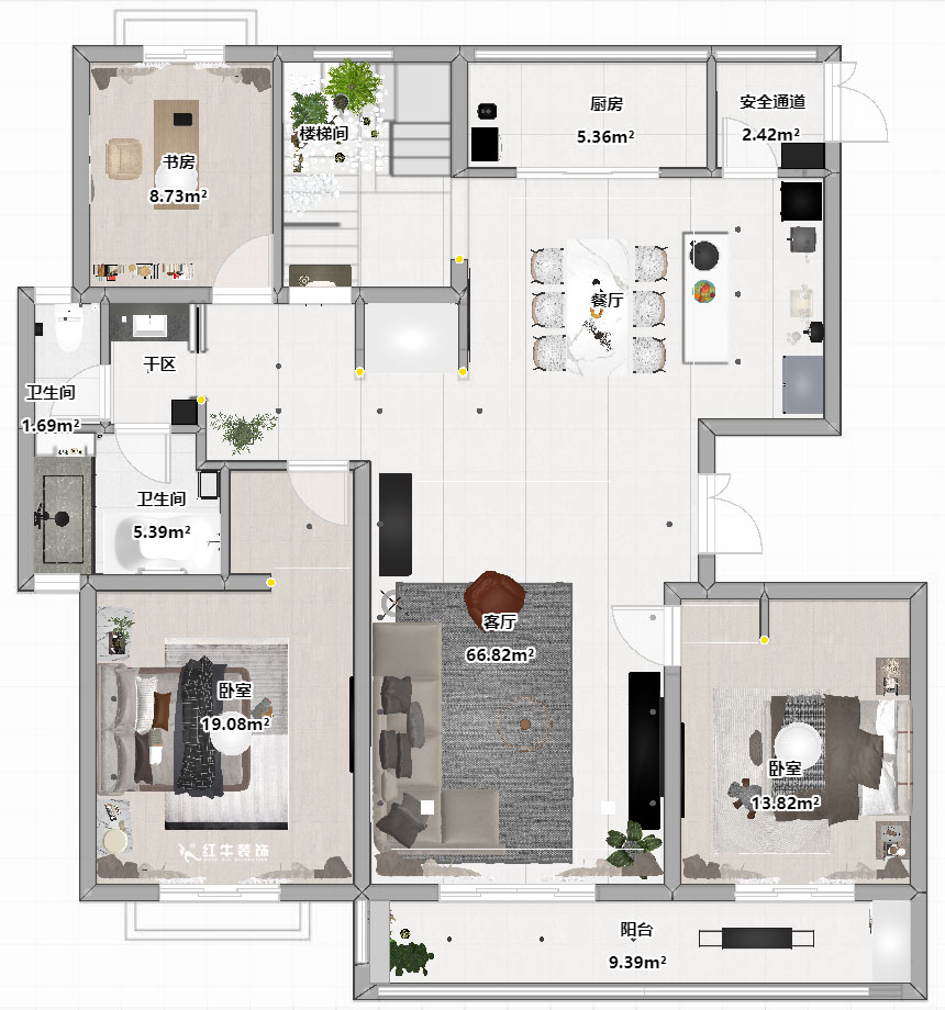 陸利民｜羊山湖14-502-160㎡+閣樓-現(xiàn)代風格｜4室2廳2衛(wèi)｜新房裝修｜定制家｜全包31萬｜00_04平面彩圖