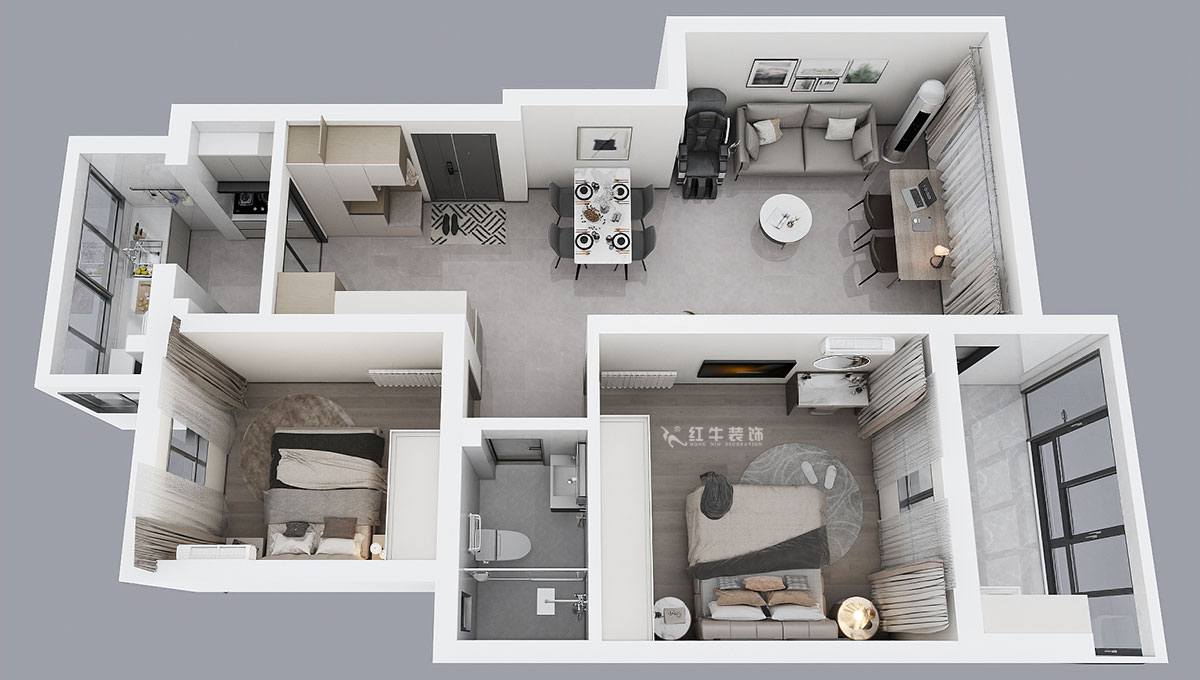 蔣琛｜鴻運嘉園12-104-90㎡-現(xiàn)代簡約風(fēng)格｜2室2廳2衛(wèi)｜老房裝修｜定制家｜全包13萬｜00_04鳥瞰圖