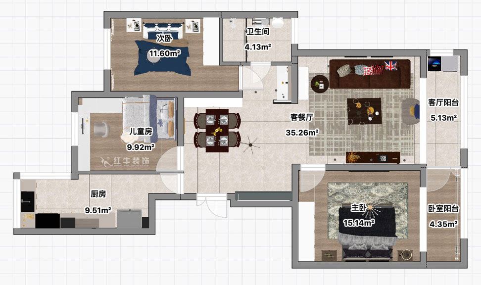 朱彥｜托樂嘉吉鄰居3-905-110㎡-現(xiàn)代風格｜3室2廳1衛(wèi)｜老房裝修｜定制家｜全包15萬｜00_03平面彩圖