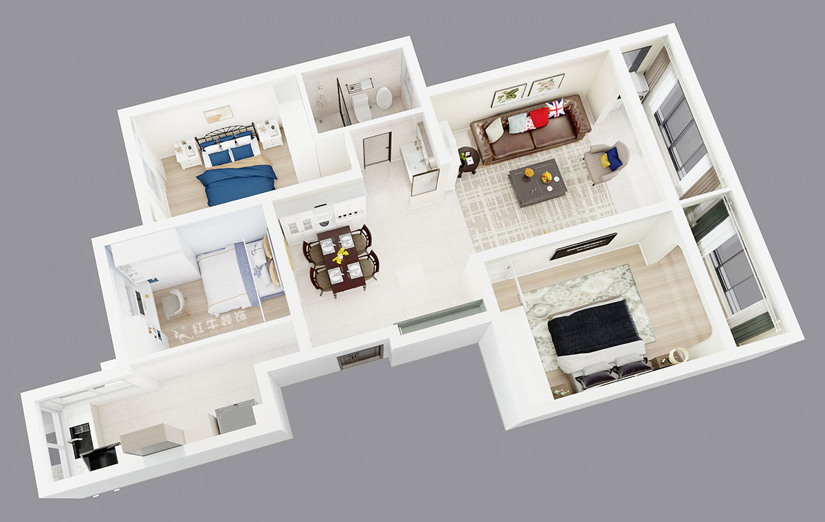 朱彥｜托樂嘉吉鄰居3-905-110㎡-現(xiàn)代風格｜3室2廳1衛(wèi)｜老房裝修｜定制家｜全包15萬｜00_04鳥瞰圖