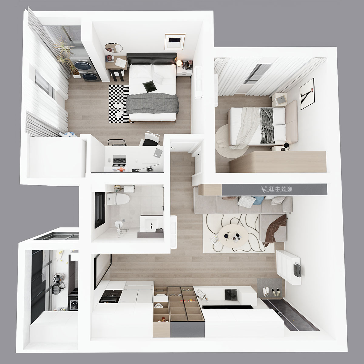 仇美蓉｜大樹根40-201-70㎡-簡約風(fēng)格｜2室2廳1衛(wèi)｜老房裝修｜定制家｜全包9萬｜00_04鳥瞰圖