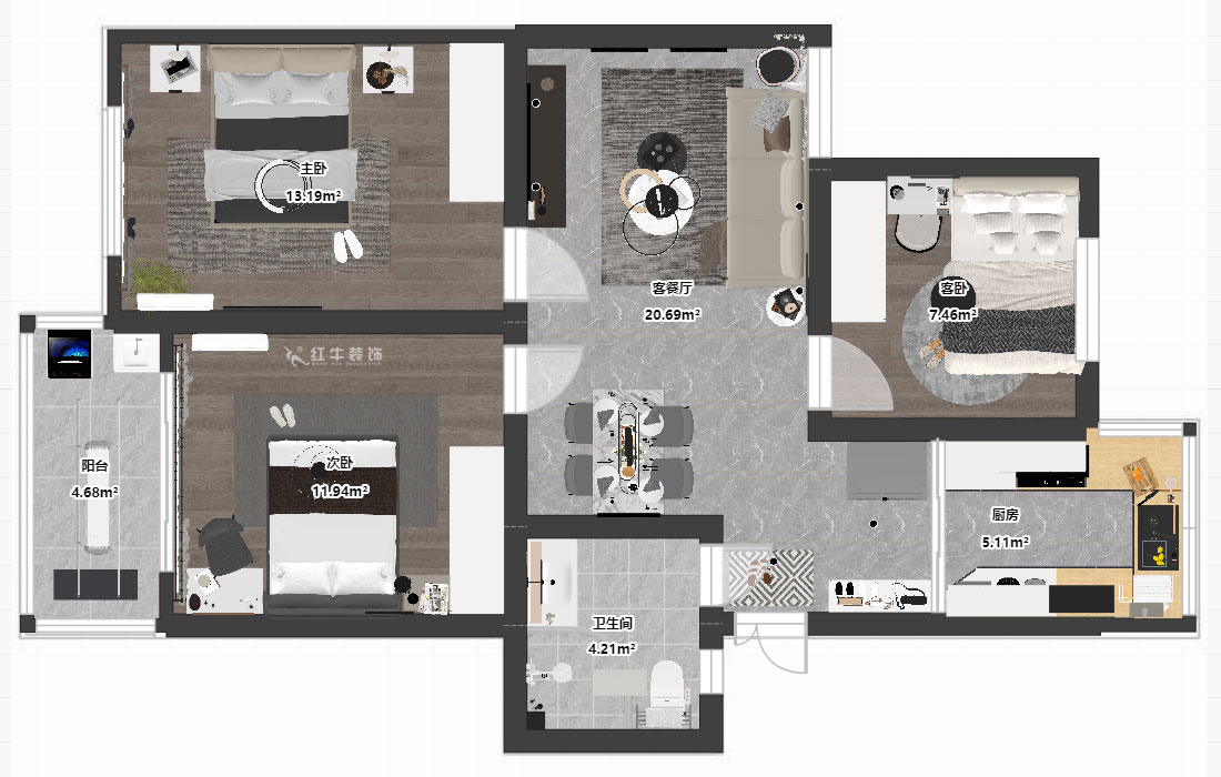 孟憲濤｜龍悅山莊7-402-82㎡-現(xiàn)代簡約風格｜3室2廳1衛(wèi)｜老房裝修｜定制家｜全包12萬｜00_03平面彩圖