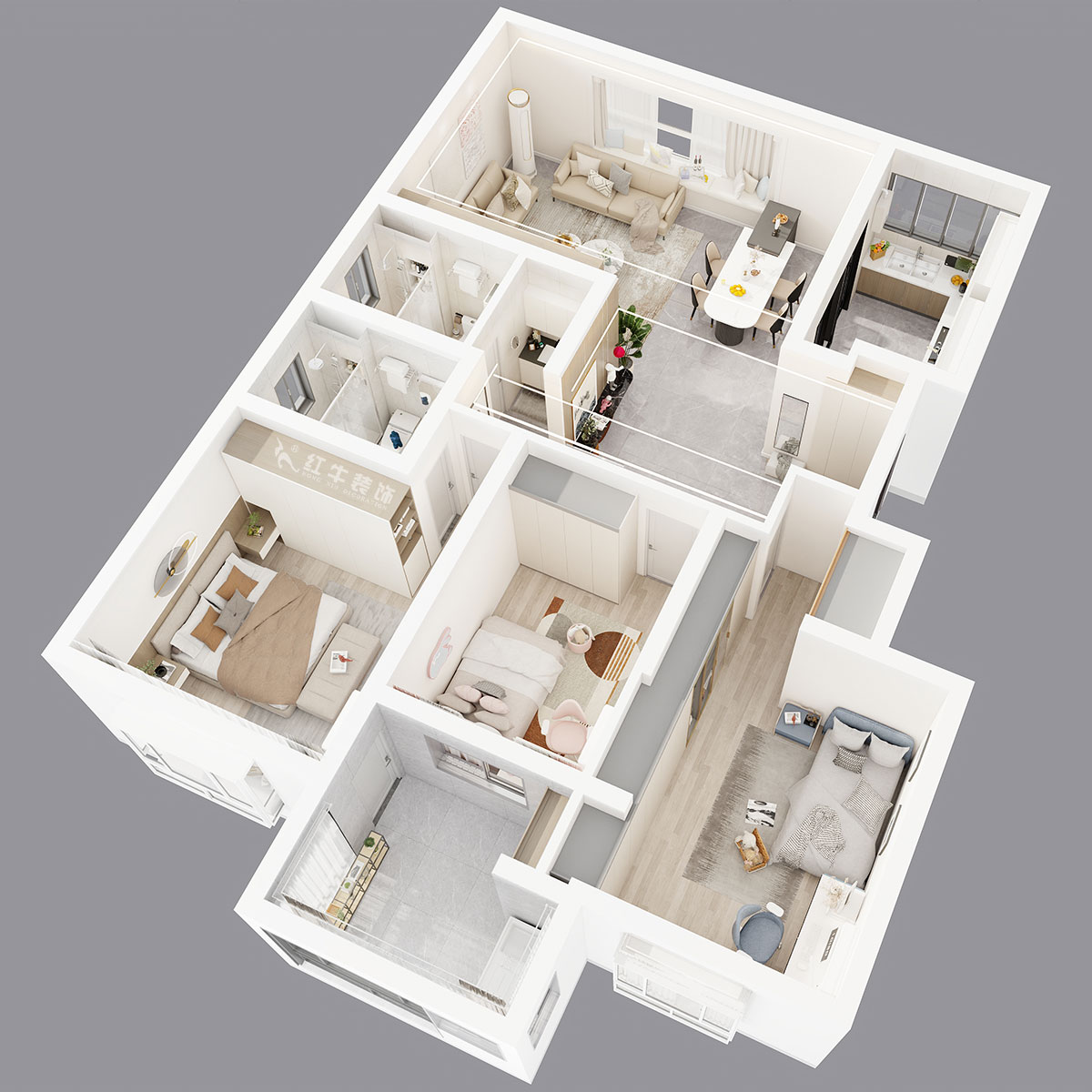 吳波|楓丹白露8-3-402-140㎡-現(xiàn)代風格|3室2廳2衛(wèi)|新房裝修|定制家|全包18萬|00_05鳥瞰圖