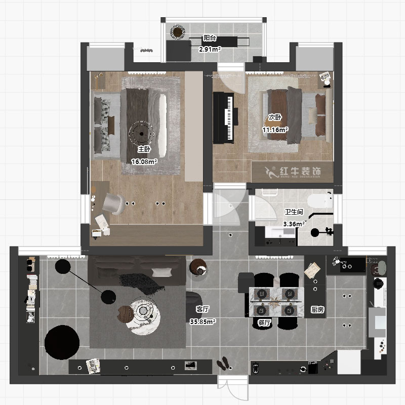 劉萍萍|潤花園2-2-202-94㎡-現代簡約風格|2室2廳1衛(wèi)|老房裝修|定制家|全包13萬|00_04平面彩圖