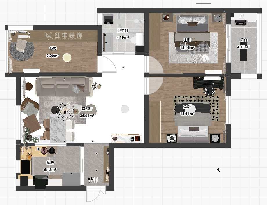 孟憲濤|月桂園4-1005-103㎡-現(xiàn)代簡約風格|3室2廳1衛(wèi)|新房裝修|定制家|全包14萬|00_03平面彩圖