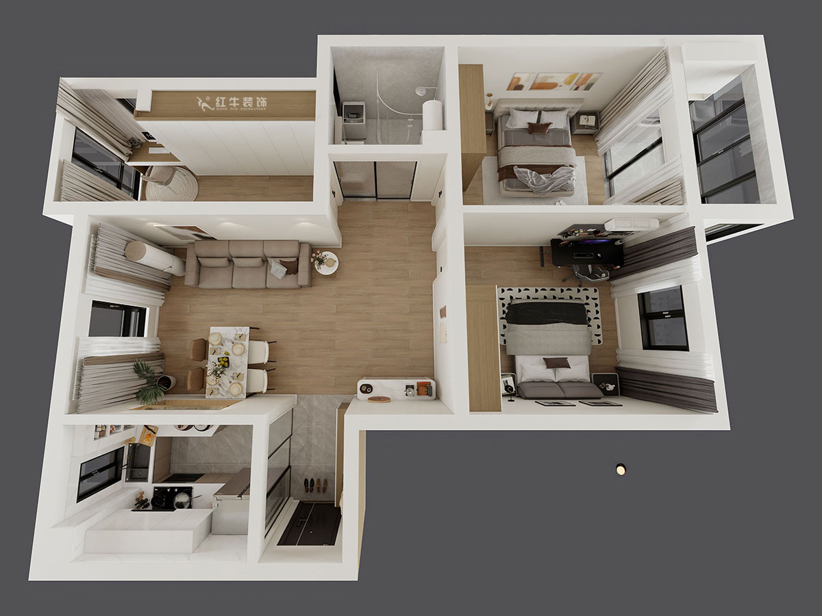 孟憲濤|月桂園4-1005-103㎡-現(xiàn)代簡約風格|3室2廳1衛(wèi)|新房裝修|定制家|全包14萬|00_04鳥瞰圖