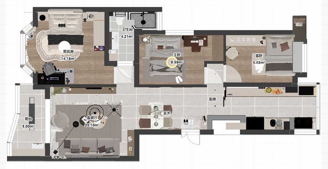 朱明琪|怡馨花園1-2-202-98㎡-現(xiàn)代簡(jiǎn)約風(fēng)格|3室2廳1衛(wèi)|老房裝修|定制家|全包15萬(wàn)|00_03平面彩圖