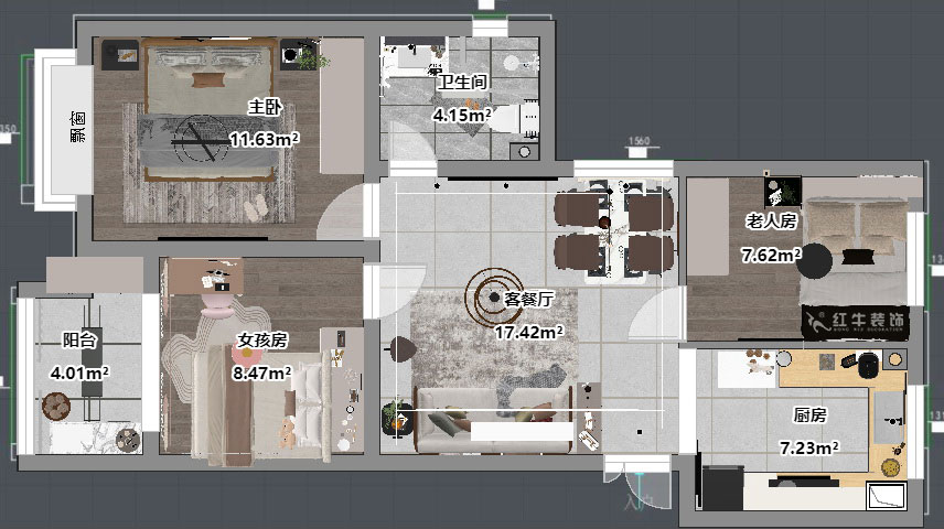 吳波｜鳳悅北園3-1-1306-87㎡-現(xiàn)代簡約風格｜3室2廳1衛(wèi)｜舊房裝修｜定制家｜全包12萬｜00_04平面彩圖