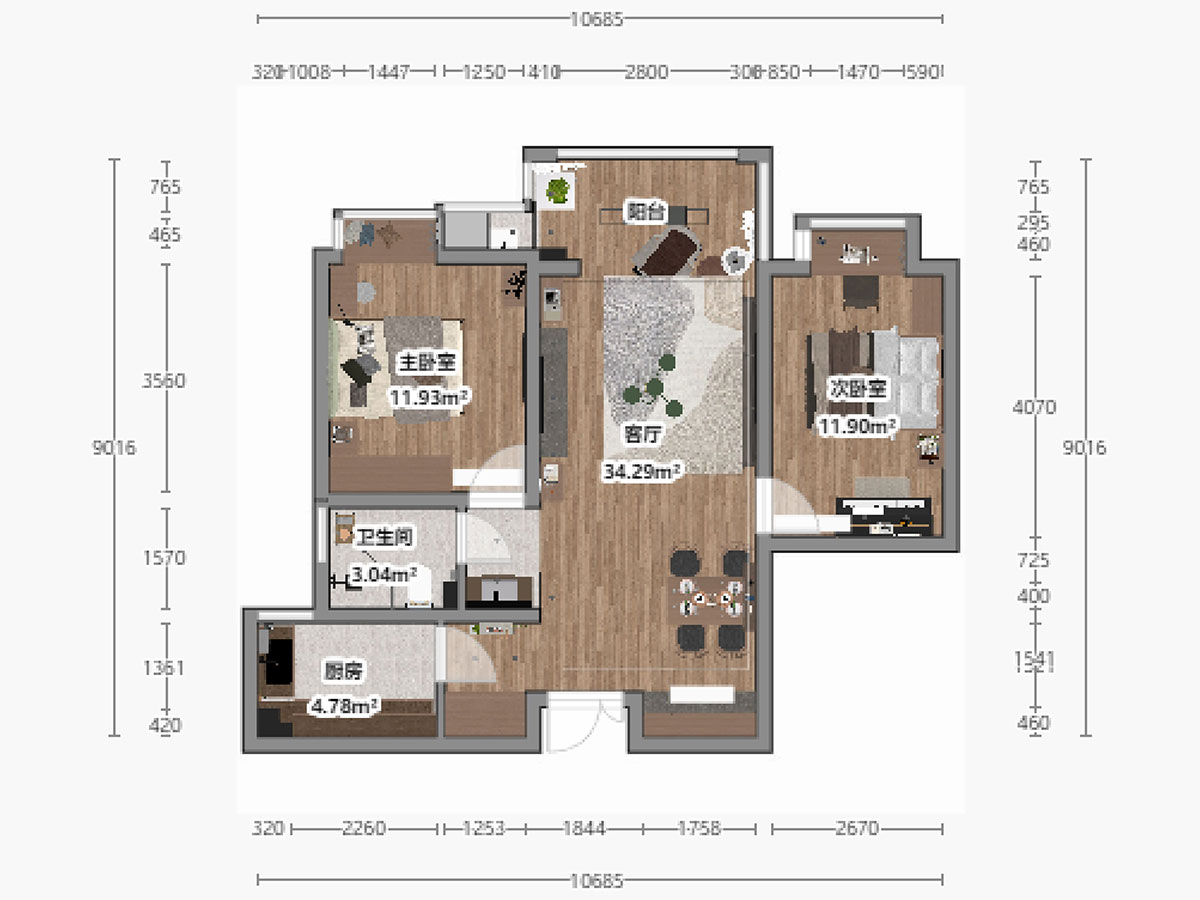 劉曉芳｜濱江雅園11-2803-87㎡-北歐風格｜2室2廳1衛(wèi)｜新房裝修｜定制家｜全包14萬｜00_03平面彩圖