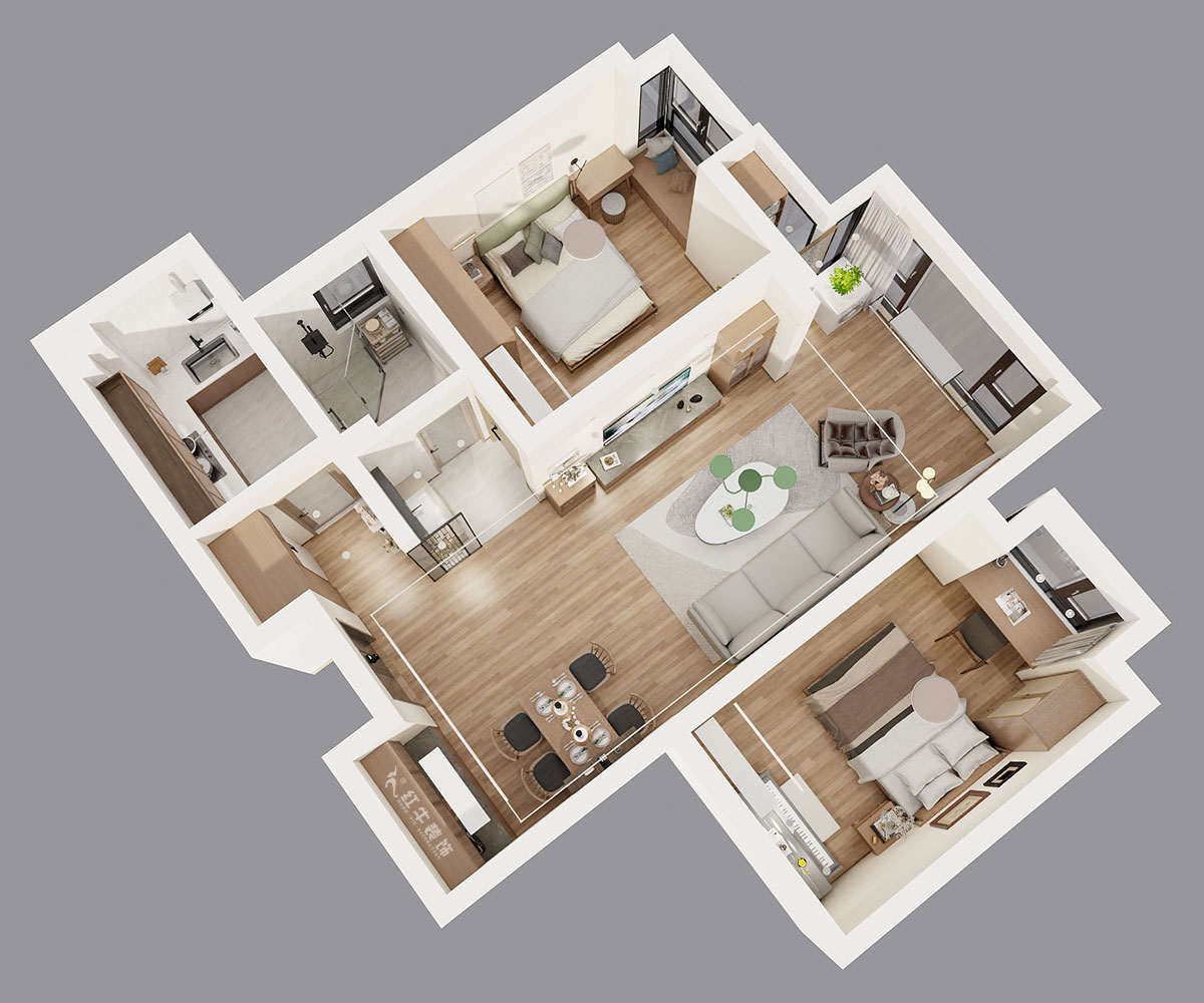 劉曉芳｜濱江雅園11-2803-87㎡-北歐風格｜2室2廳1衛(wèi)｜新房裝修｜定制家｜全包14萬｜00_04鳥瞰圖