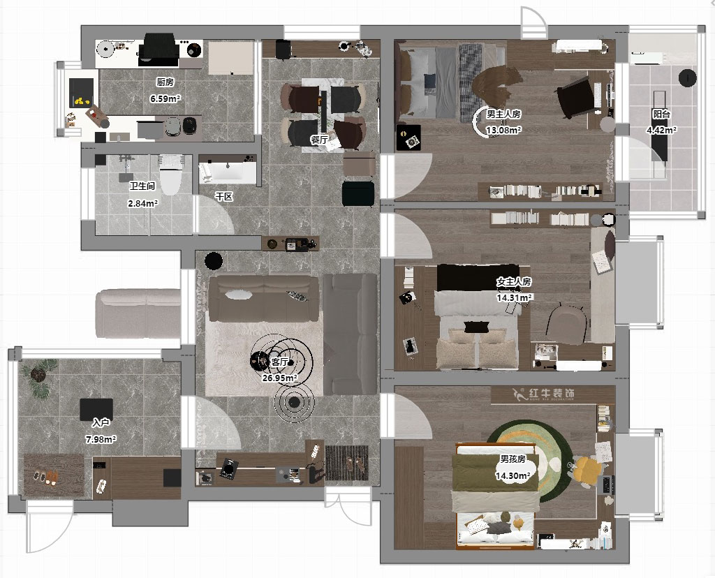 劉小勇|二十八所62-401-100㎡-現(xiàn)代簡約風(fēng)格|3室2廳1衛(wèi)|老房裝修|定制家|全包14萬|00_03平面彩圖
