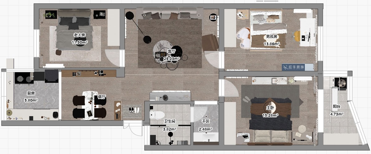 劉小勇|金信花園12-37-401-105㎡-現(xiàn)代簡(jiǎn)約風(fēng)格|3室2廳1衛(wèi)|老房裝修|定制家|全包13萬|00_03平面彩圖