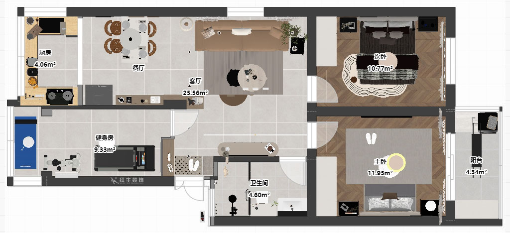 仇美蓉|鐘山山莊23-1-201-87㎡-簡約風(fēng)格|3室2廳1衛(wèi)|老房裝修|定制家|全包12萬|00_03平面彩圖
