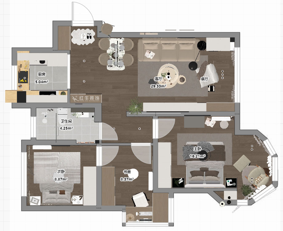 蔣?。心鲜兰o(jì)雅苑二期4-504-93㎡-現(xiàn)代簡(jiǎn)約風(fēng)格｜3室1廳1衛(wèi)｜毛坯房裝修｜定制家｜全包12萬(wàn)｜00_03平面彩圖