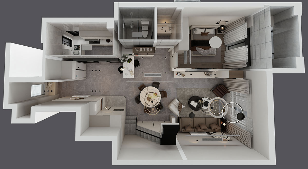 蔣琛｜泰山魯能七號(hào)院6-205-280㎡-現(xiàn)代簡(jiǎn)約風(fēng)格｜復(fù)式｜4室2廳3衛(wèi)｜毛坯裝修｜定制家｜全包40萬｜00_07一層鳥瞰圖