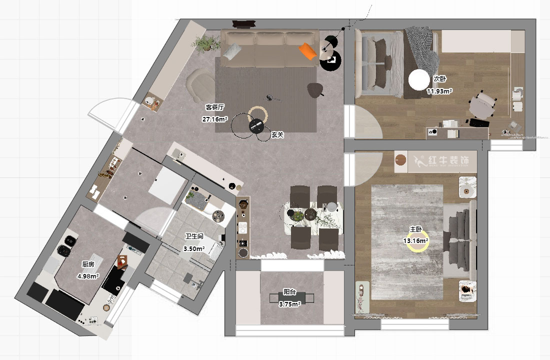 蔣?。埥^(qū)陽光廣場5-2002-90㎡-現(xiàn)代簡約風(fēng)格｜2室2廳1衛(wèi)｜二手房裝修｜定制家｜全包12萬｜00_03平面彩圖