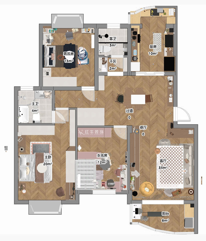 仇美蓉｜長(zhǎng)江之家4-13-402-130㎡-原木奶油風(fēng)格｜3室2廳2衛(wèi)｜老房裝修｜定制家｜全包16萬(wàn)｜00_03平面彩圖