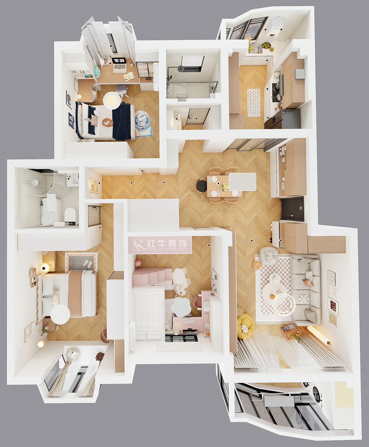 仇美蓉｜長(zhǎng)江之家4-13-402-130㎡-原木奶油風(fēng)格｜3室2廳2衛(wèi)｜老房裝修｜定制家｜全包16萬(wàn)｜00_04鳥(niǎo)瞰圖