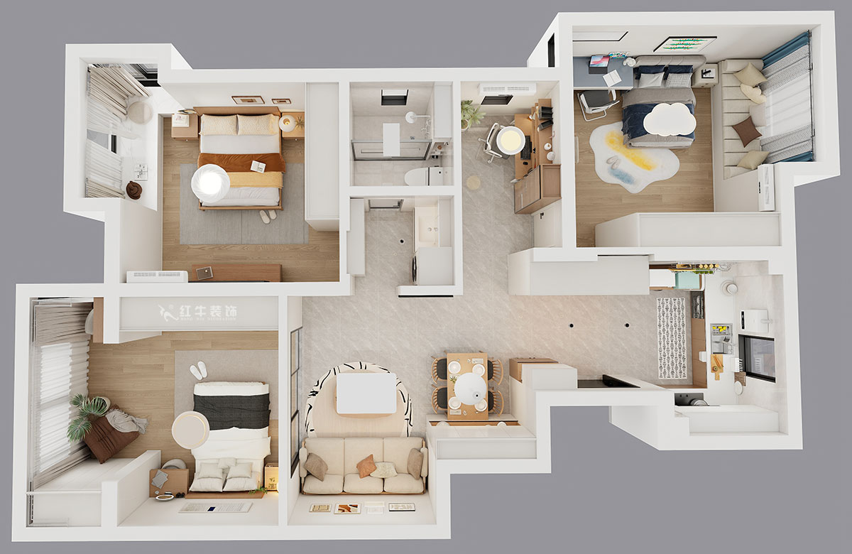 仇美蓉｜紫玉山莊1-204-85㎡-原木奶油風格｜3室2廳1衛(wèi)｜老房裝修｜定制家｜全包10萬｜00_04鳥瞰圖