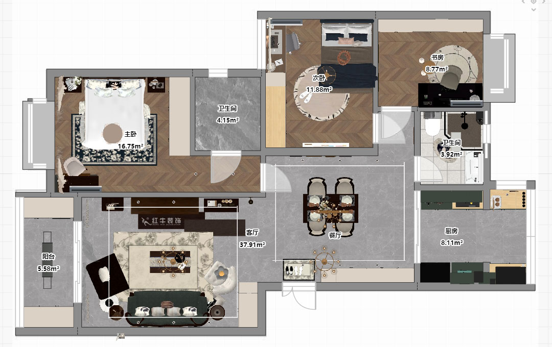 劉小勇|江南名府3-204-115㎡-簡(jiǎn)美風(fēng)格|3室2廳1衛(wèi)|老房裝修|定制家|全包13萬(wàn)|00_03平面彩圖