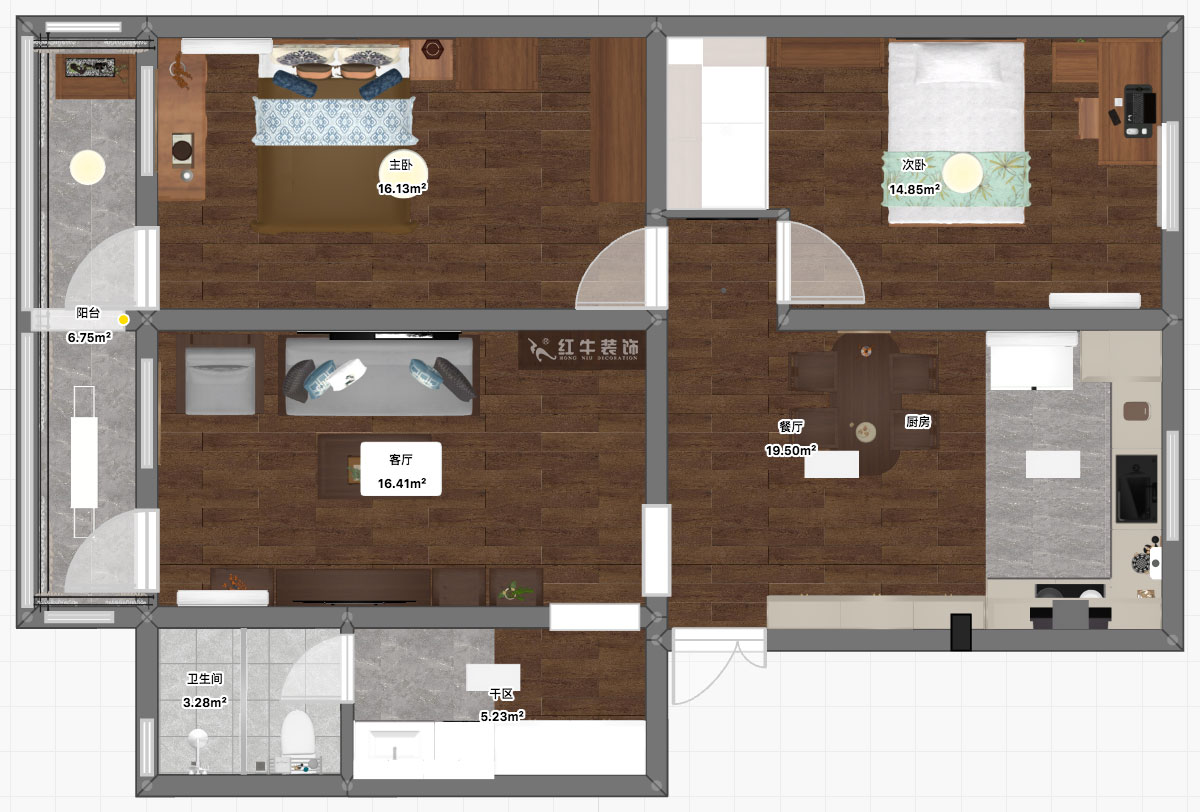 孟憲濤｜五老村24-201-100㎡-現代簡約風格｜3室2廳1衛(wèi)｜老房裝修｜定制家｜全包14萬｜00_03平面彩圖