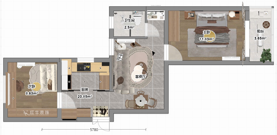 朱明琪|安德里230號(hào)3-501-60㎡-輕法式原木風(fēng)|2室1廳1衛(wèi)|老房裝修|定制家|全包9萬|00_03平面彩圖