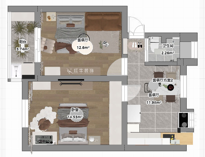 蔣琛｜瑞金路4號11-202-60㎡-簡約奶油風｜2室1廳1衛(wèi)｜二手房裝修｜定制家｜全包9萬｜00_03平面彩圖