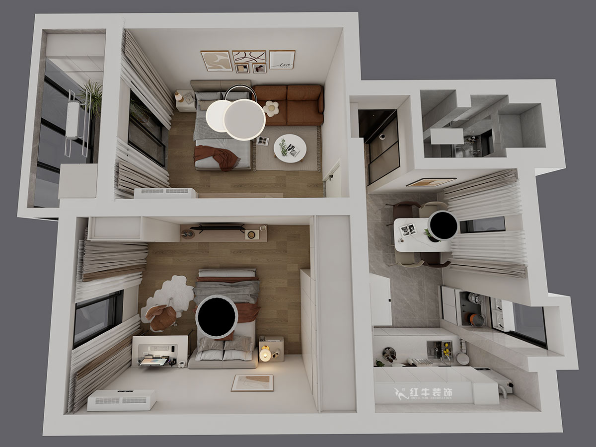蔣?。鸾鹇?號11-202-60㎡-簡約奶油風｜2室1廳1衛(wèi)｜二手房裝修｜定制家｜全包9萬｜00_04鳥瞰圖