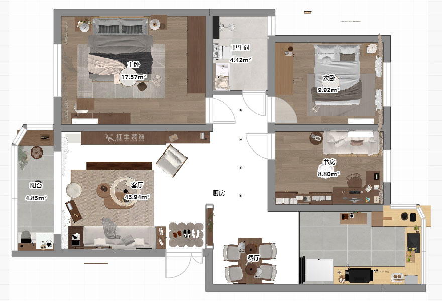 朱明琪|月牙湖花園3-1-402-89㎡-原木風(fēng)格|3室2廳1衛(wèi)|老房翻新|定制家|全包13萬|00_03平面彩圖