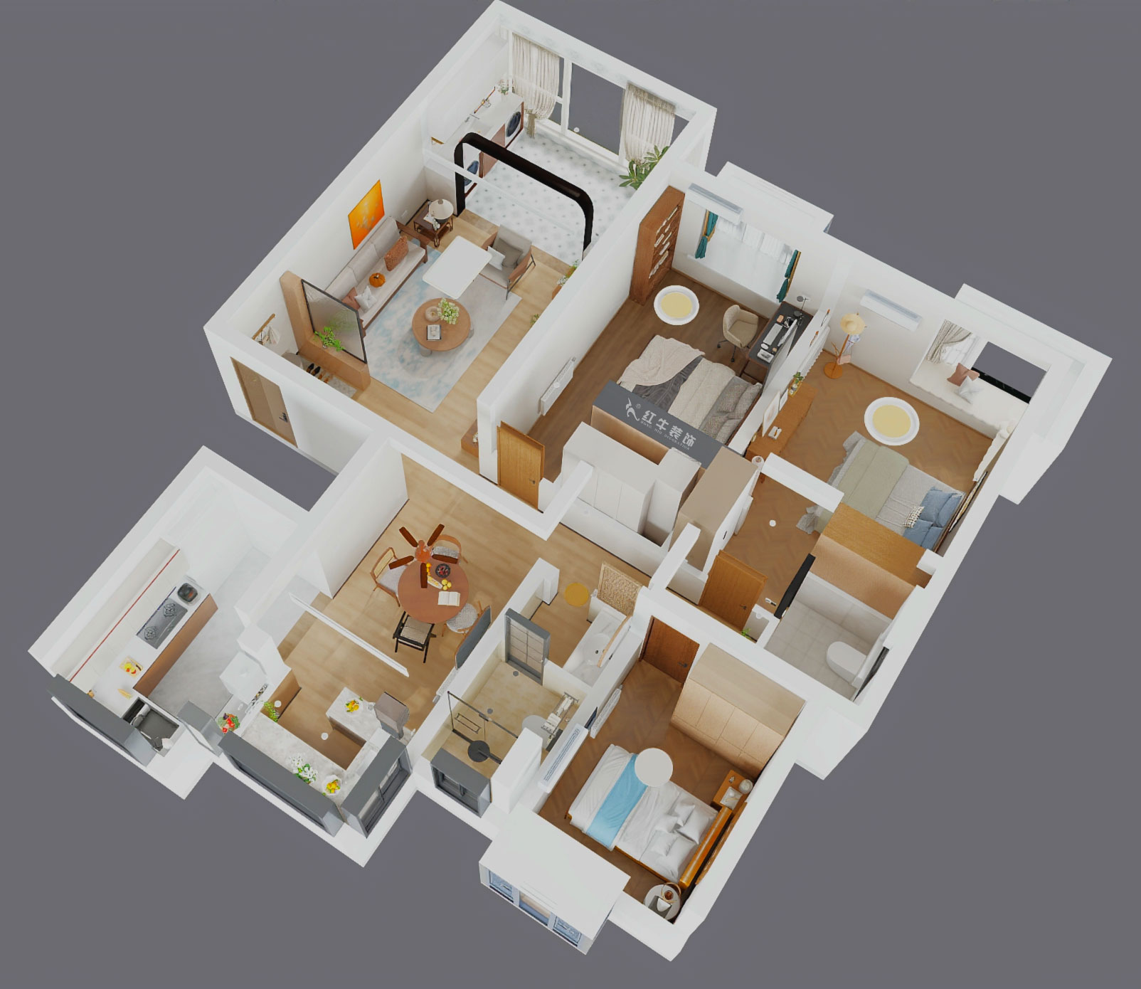 魏利利|澳麗嘉園6-1004-128㎡-現(xiàn)代中古風|3室2廳2衛(wèi)|老房改造|定制家|全包17萬|00_04鳥瞰圖