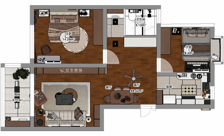 朱明琪|時光澔韻3-2-902-90㎡-現(xiàn)代中古風|2室2廳1衛(wèi)|老房裝修|定制家|全包13萬|00_03平面彩圖