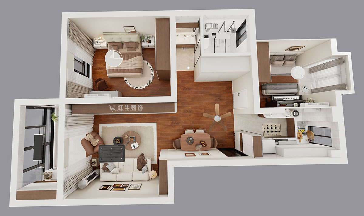 朱明琪|時光澔韻3-2-902-90㎡-現(xiàn)代中古風|2室2廳1衛(wèi)|老房裝修|定制家|全包13萬|00_04鳥瞰圖