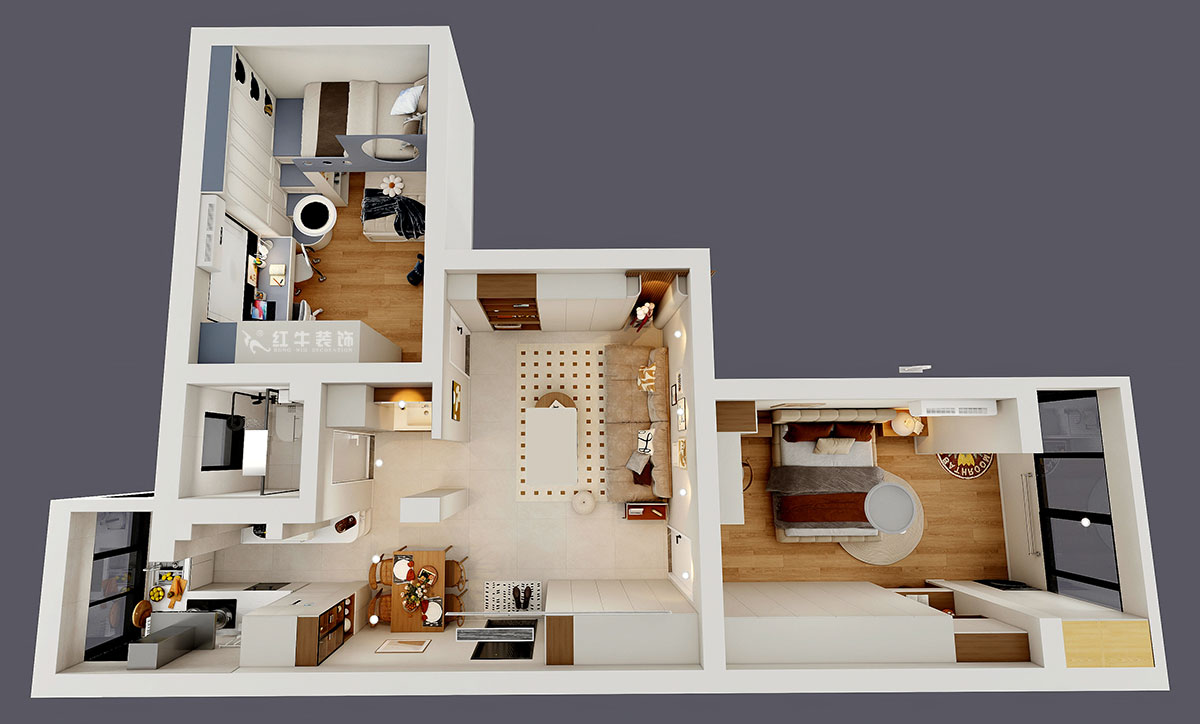 顧娟|大樹根32-703-70㎡-現(xiàn)代簡約風(fēng)格|2室2廳1衛(wèi)|舊房裝修|定制家|全包11萬|00_05鳥瞰圖