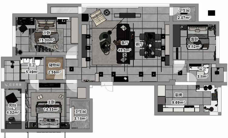 劉小勇|翠屏誠園北區(qū)5-702-138㎡-現(xiàn)代黑白灰風格|3室2廳2衛(wèi)|老房裝修|定制家|全包19萬|00_03平面彩圖