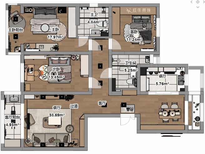 朱彥|凱悅天琴2-3-1106-140㎡-現(xiàn)代簡約風(fēng)格|3室2廳2衛(wèi)|老房改造|定制家|全包18萬|00_03平面彩圖