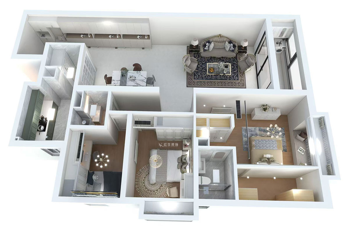 蔣?。┞∶?-1907-160㎡-法式風(fēng)格｜3室2廳2衛(wèi)｜舊房裝修｜定制家｜全包22萬(wàn)｜00_04鳥瞰圖