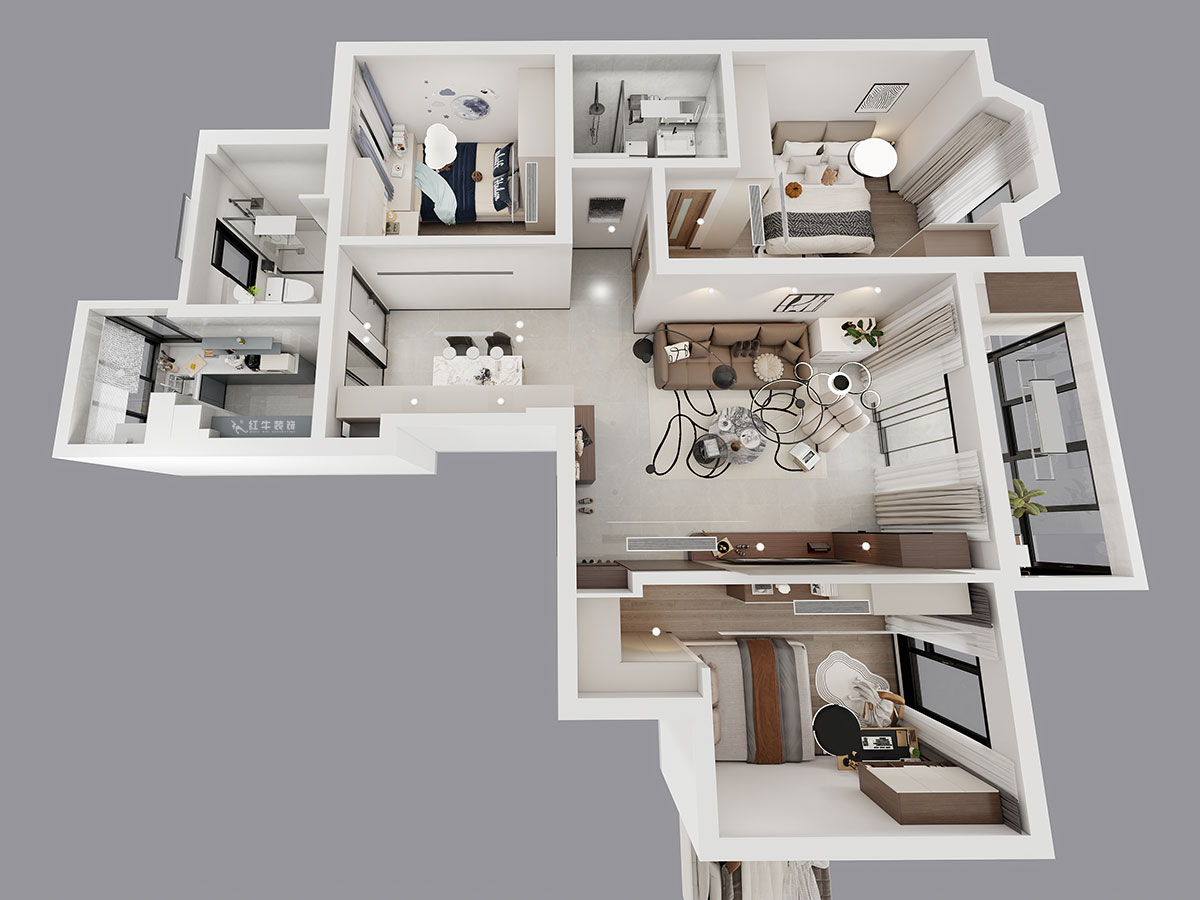 蔣?。汩坷?-2-901-108㎡-現(xiàn)代簡約風格｜3室2廳2衛(wèi)｜老房裝修｜定制家｜全包16萬｜00_04鳥瞰圖