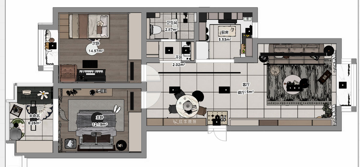 孟憲濤｜東城水岸5-202-99㎡-簡約風(fēng)格｜2室2廳1衛(wèi)｜老房裝修｜定制家｜全包14萬｜00_03平面彩圖