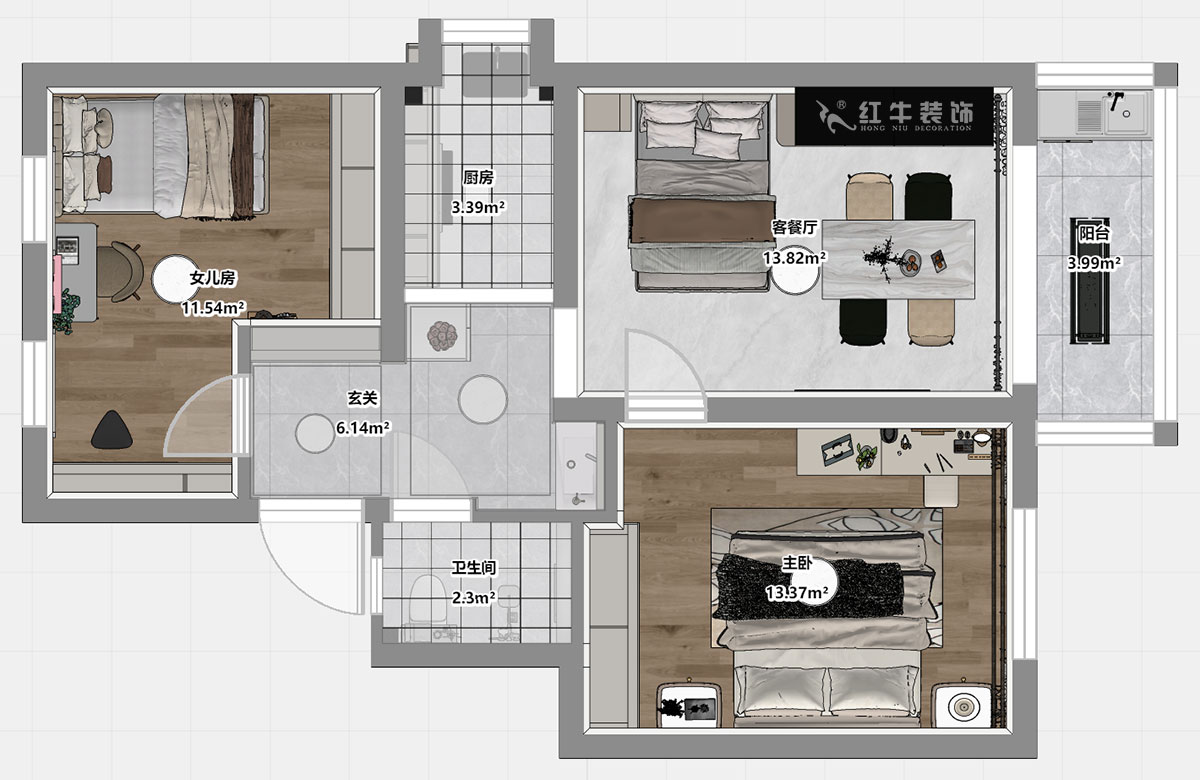 仇美蓉｜太平橋南38號1-601-67㎡-簡約風格｜2室1廳1衛(wèi)｜老房裝修｜定制家｜全包8萬｜00_03平面彩圖