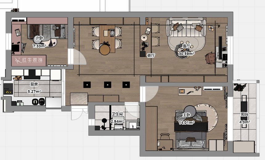 劉小勇|龍蟠中路466號401室-83㎡-現(xiàn)代簡約風格|2室2廳1衛(wèi)|老房裝修|定制家|全包10萬|00_03平面彩圖