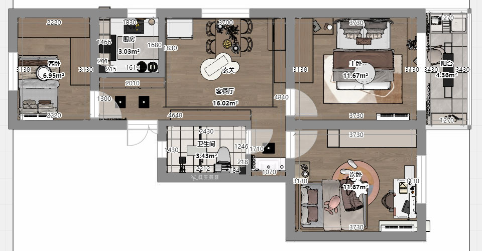 劉小勇|寧工新寓二村115號(hào)501-75㎡-現(xiàn)代簡約風(fēng)格|3室1廳1衛(wèi)|老房裝修|定制家|全包10萬|00_03平面彩圖