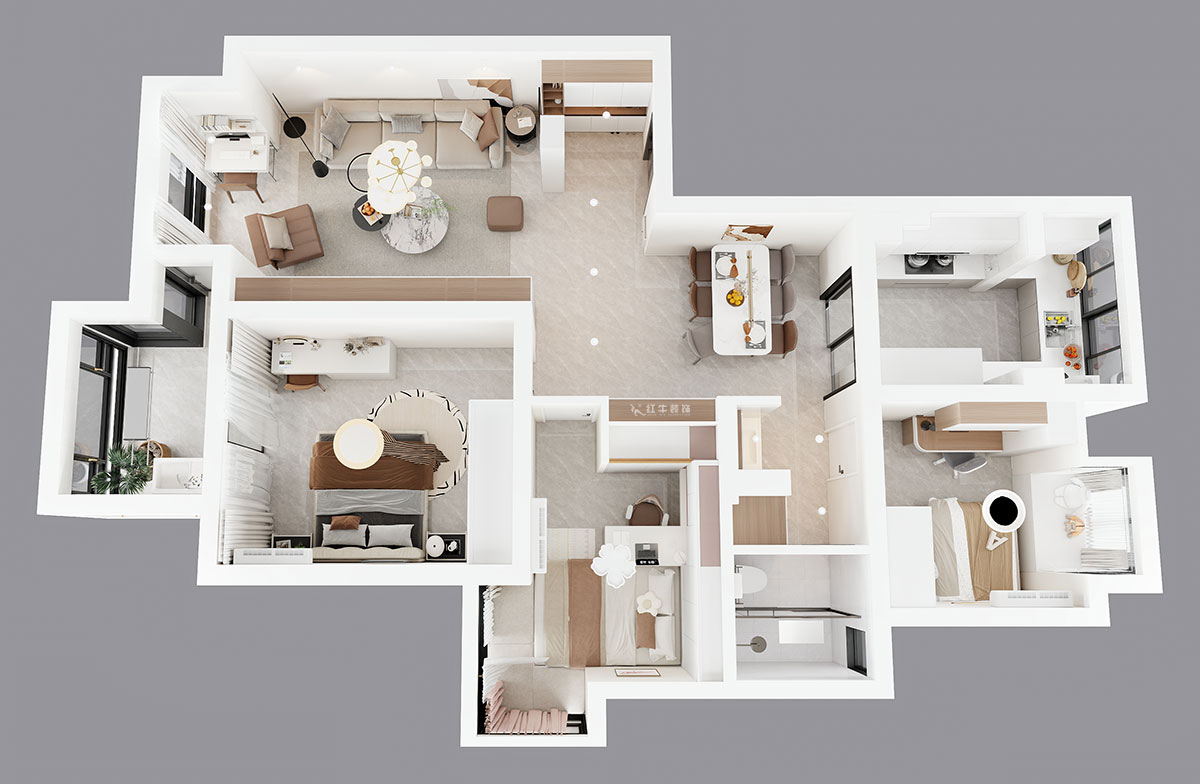 蔣?。f達華府西苑6-401-106㎡-現(xiàn)代簡約風(fēng)格｜3室2廳1衛(wèi)｜老房裝修｜定制家｜全包13萬｜00_04鳥瞰圖