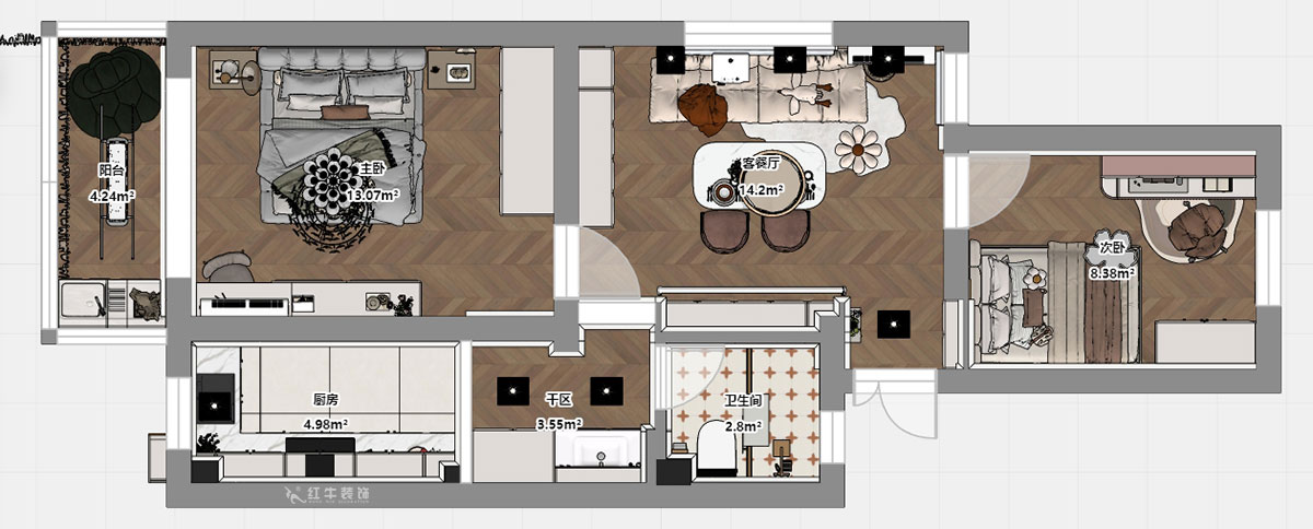 顧娟|育才公寓32-502-66㎡-法式風格|2室1廳1衛(wèi)|舊房裝修|定制家|全包11