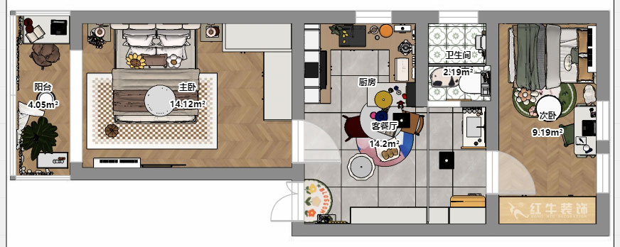朱彥|淮海新村7-28-702-57㎡-現代風格|2室1廳1衛(wèi)|老房改造|定制家|全包8萬|00_03平面彩圖