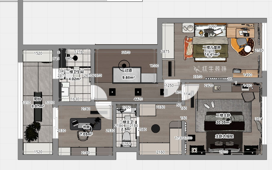 吳波|華府國際43-1-707-148㎡-輕法風(fēng)格|復(fù)式|4室2廳3衛(wèi)|舊房裝修|定制家|全包18萬|00_06二樓平面彩圖
