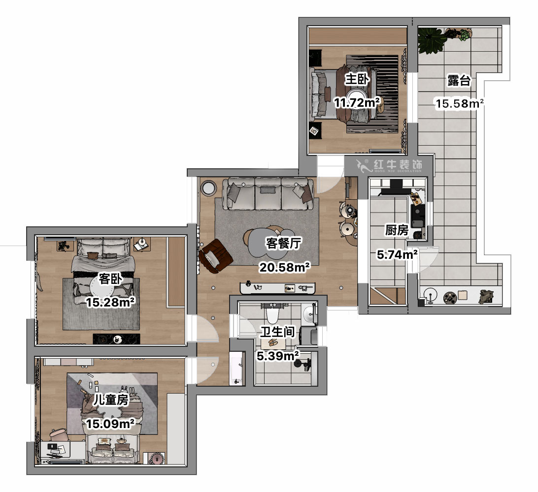 吳波|清江花苑-清風園7-4-601-94㎡-現(xiàn)代簡約風格|3室1廳1衛(wèi)|舊房裝修|定制家|全包12萬|00_03平面彩圖