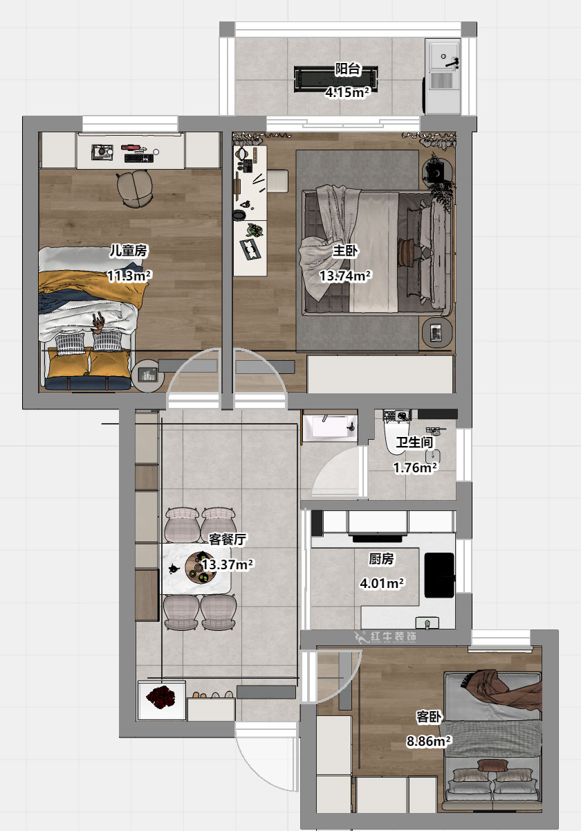 魏明花｜武學(xué)園8-2505-82㎡-現(xiàn)代簡約風(fēng)格｜3室1廳1衛(wèi)｜二手房裝修｜定制家｜全包14萬｜00_03平面彩圖