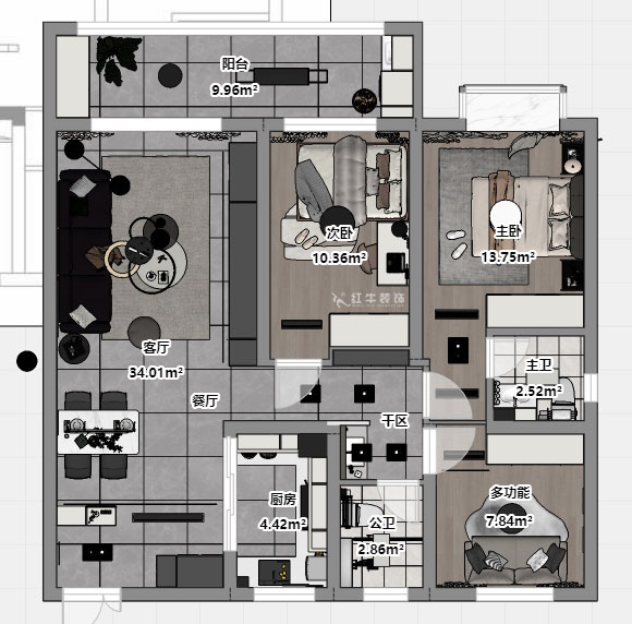 孟憲濤｜金浦御龍灣-I區(qū)3-1-204-120㎡-簡(jiǎn)約風(fēng)格｜3室2廳2衛(wèi)｜新房裝修｜定制家｜全包16萬(wàn)｜00_03平面彩圖