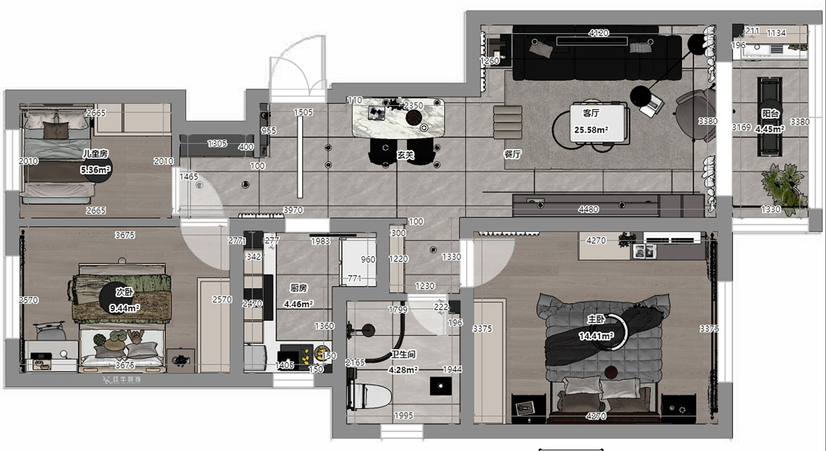 蔣?。自蒲啪?1-202-88㎡-現(xiàn)代簡約風(fēng)格｜3室2廳1衛(wèi)｜新房裝修｜定制家｜全包11萬｜00_03平面彩圖